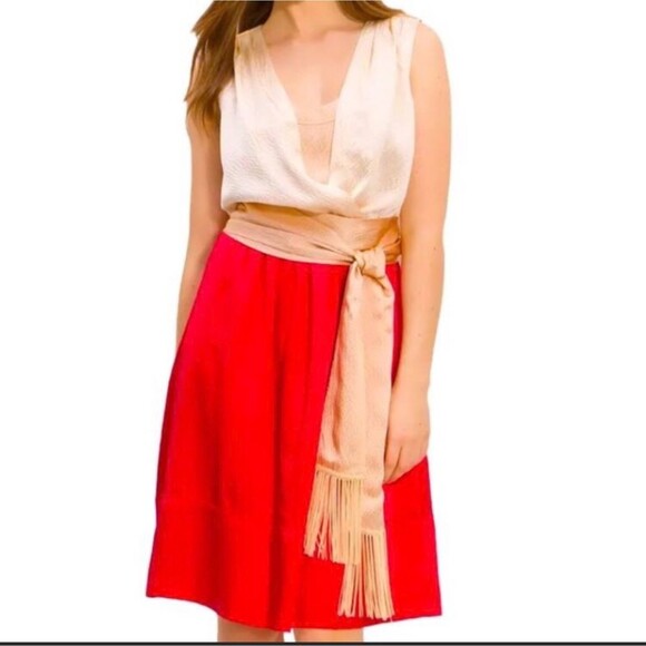 Tory Burch Red and Cream Darya 100% Silk Colorblock Midi Dress, size 4 - Picture 1 of 7